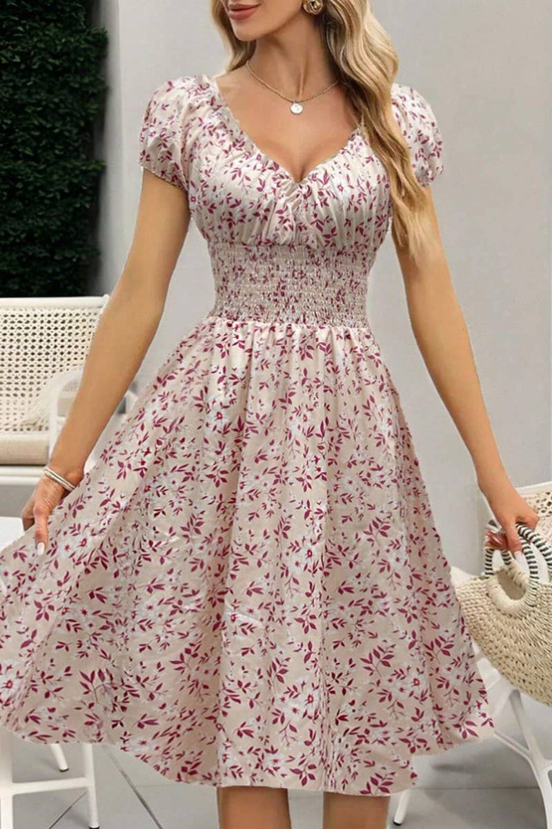 CWDMD5870_VINTAGE FLORAL PUFF SLEEVE FRENCH MIDI DRESS