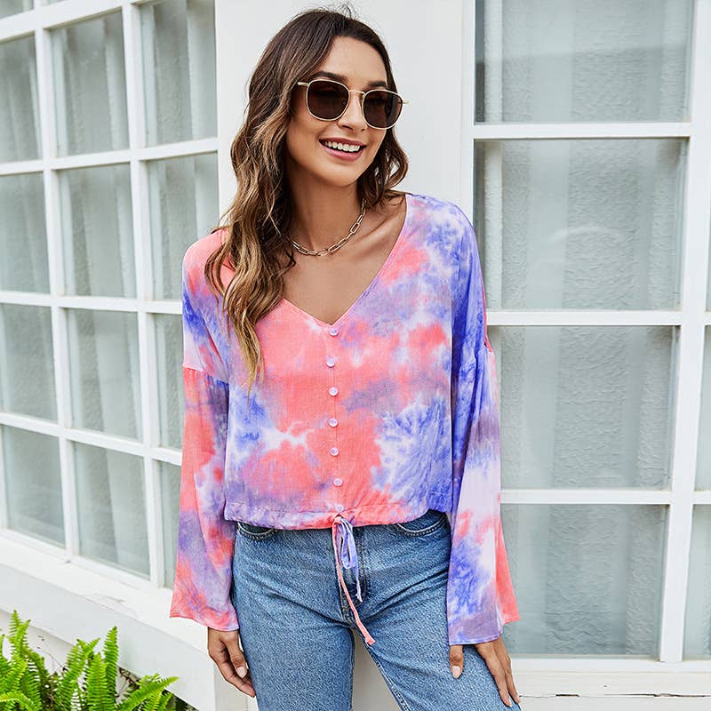 BIG V-NECK TIE-DYE SINGLE BREASTED T-SHIRT