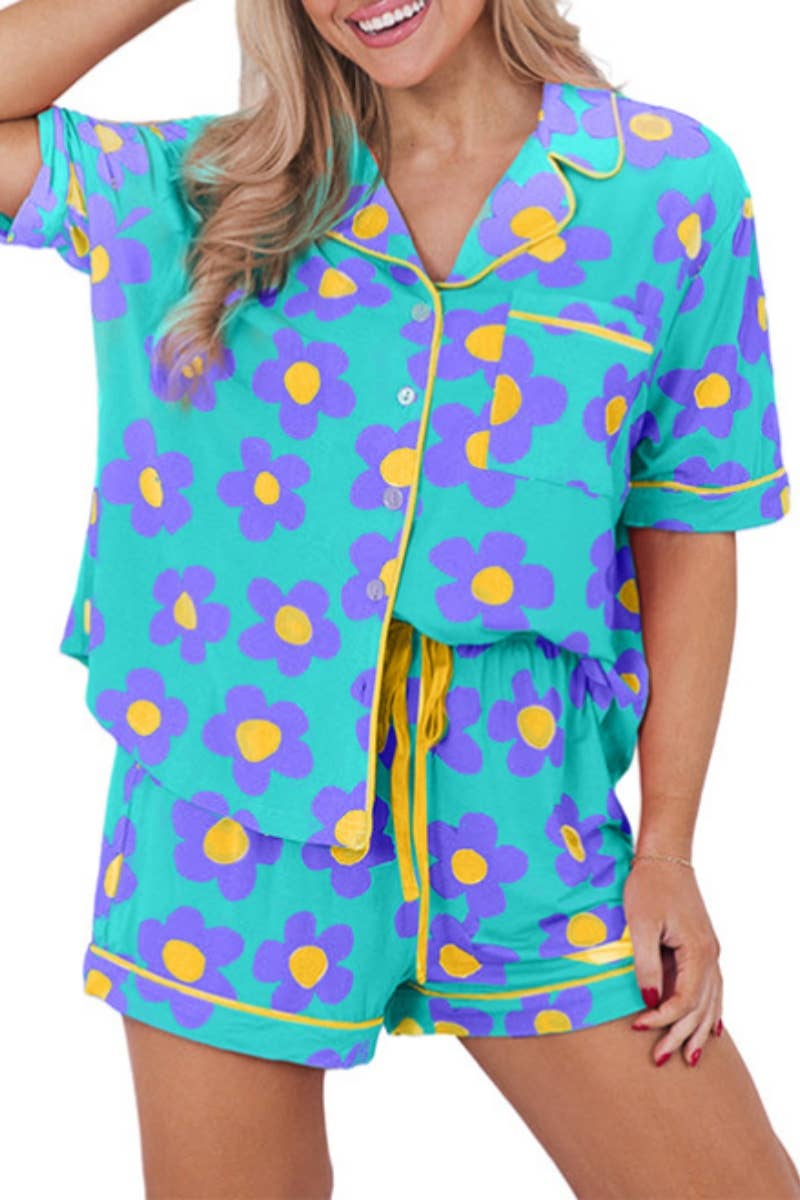 CWSS0702_SUMMER FLOWER PRINT SHORT SLEEVE TOP SHORTS SUIT