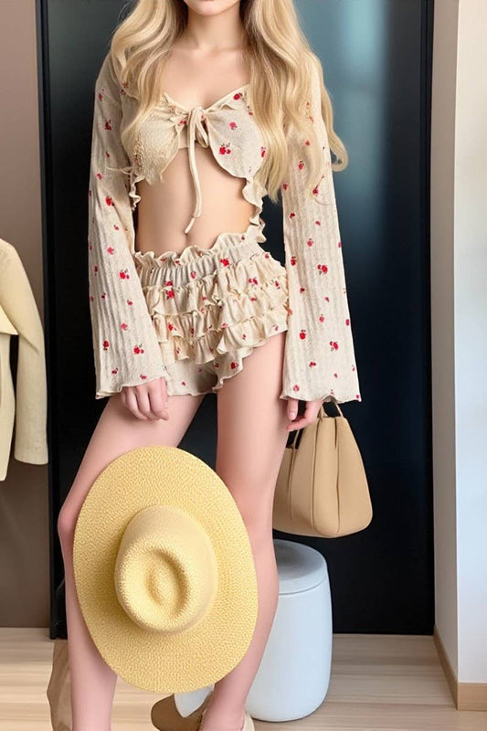 CWSPJ459_KNITTED PRINTED RUFFLED BREATHABLE PAJAMA SET