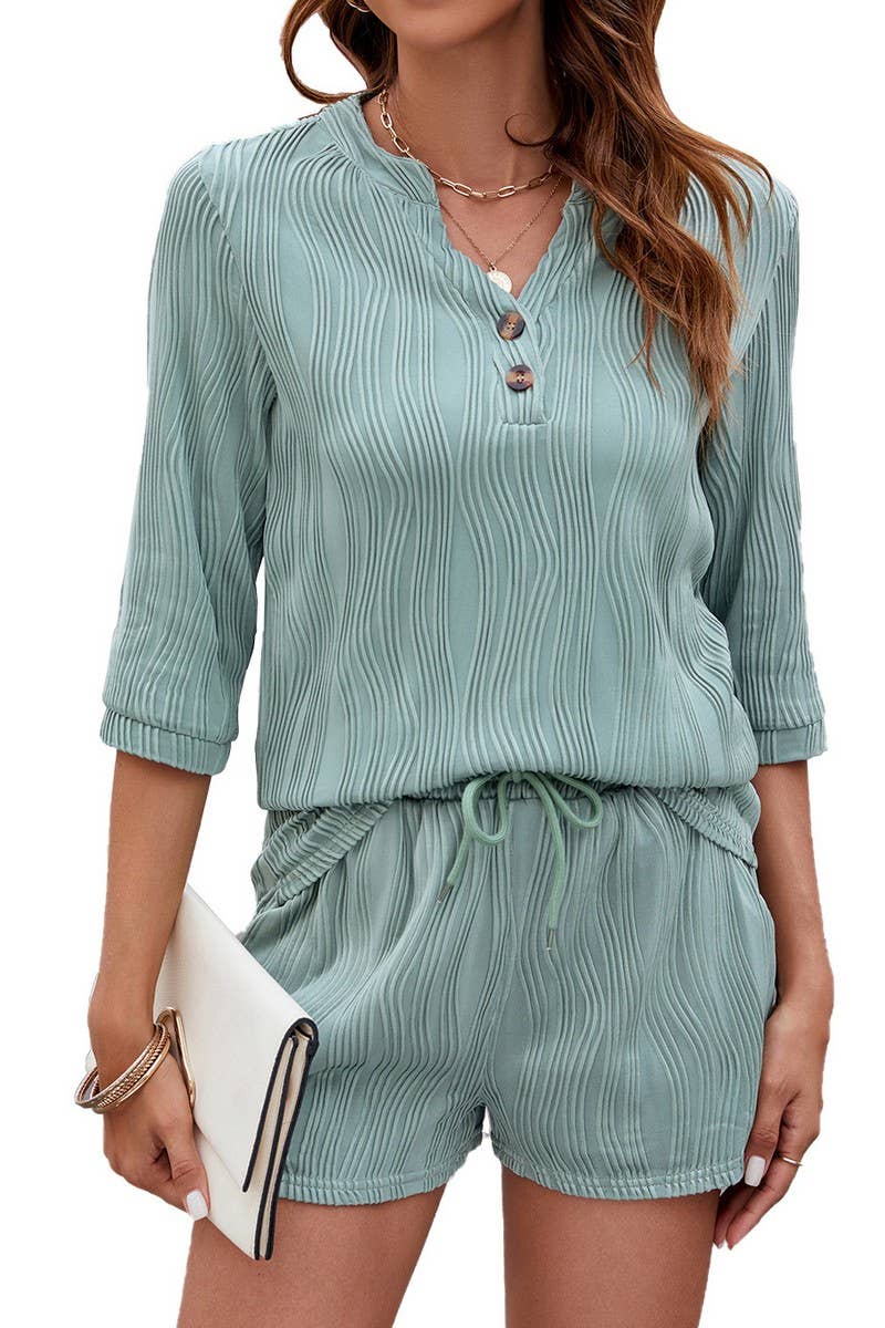 CWSS1067_SOLID COLOR V-NECK MID-SLEEVE T-SHIRT SHORTS SET