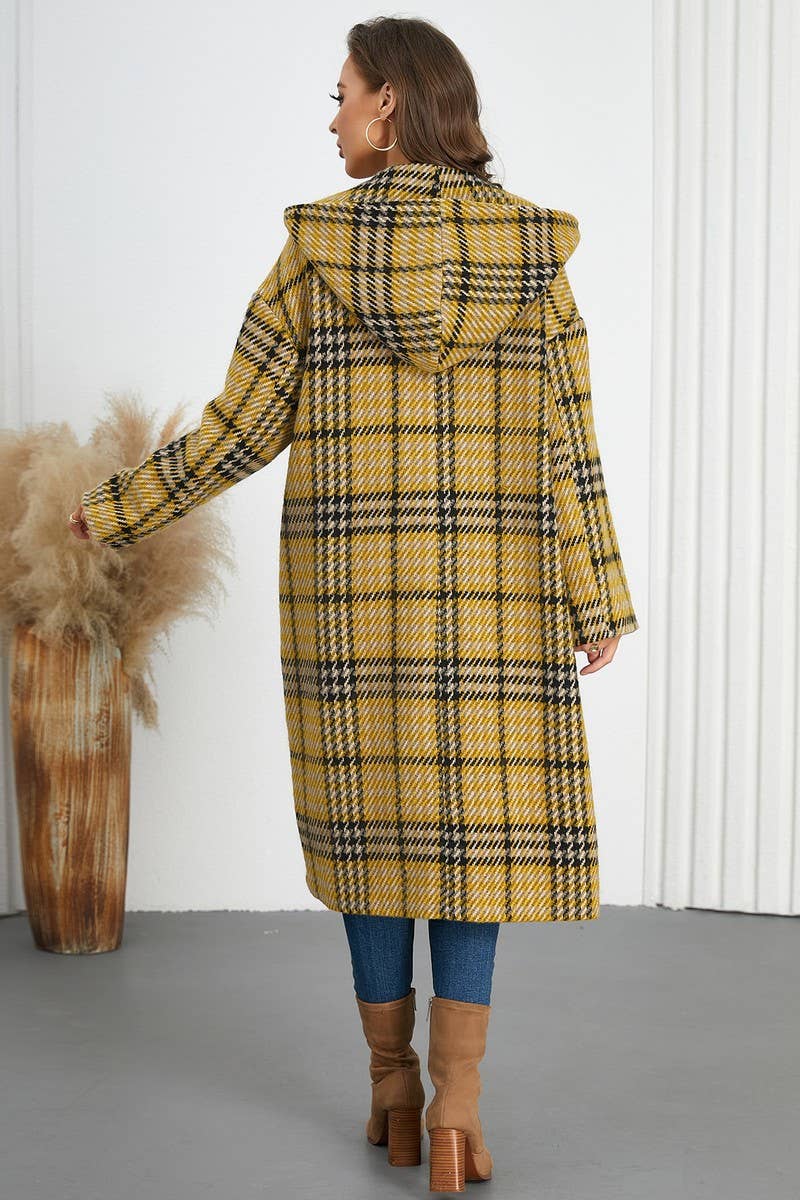 CWOCO0942_DOUBLE-BREASTED PLAID LAPEL LONG HOODED COAT