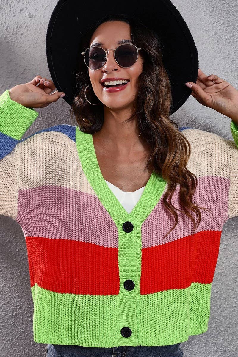 CWOCAL1224_CONTRAST RAINBOW STRIPES LOOSE KNIT CARDIGAN