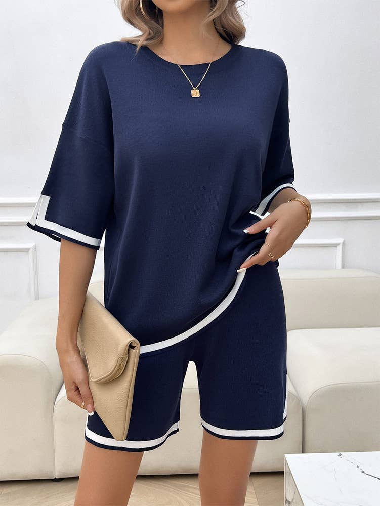 CREW NECK STYLE CASUAL SHORT SWEATER SET