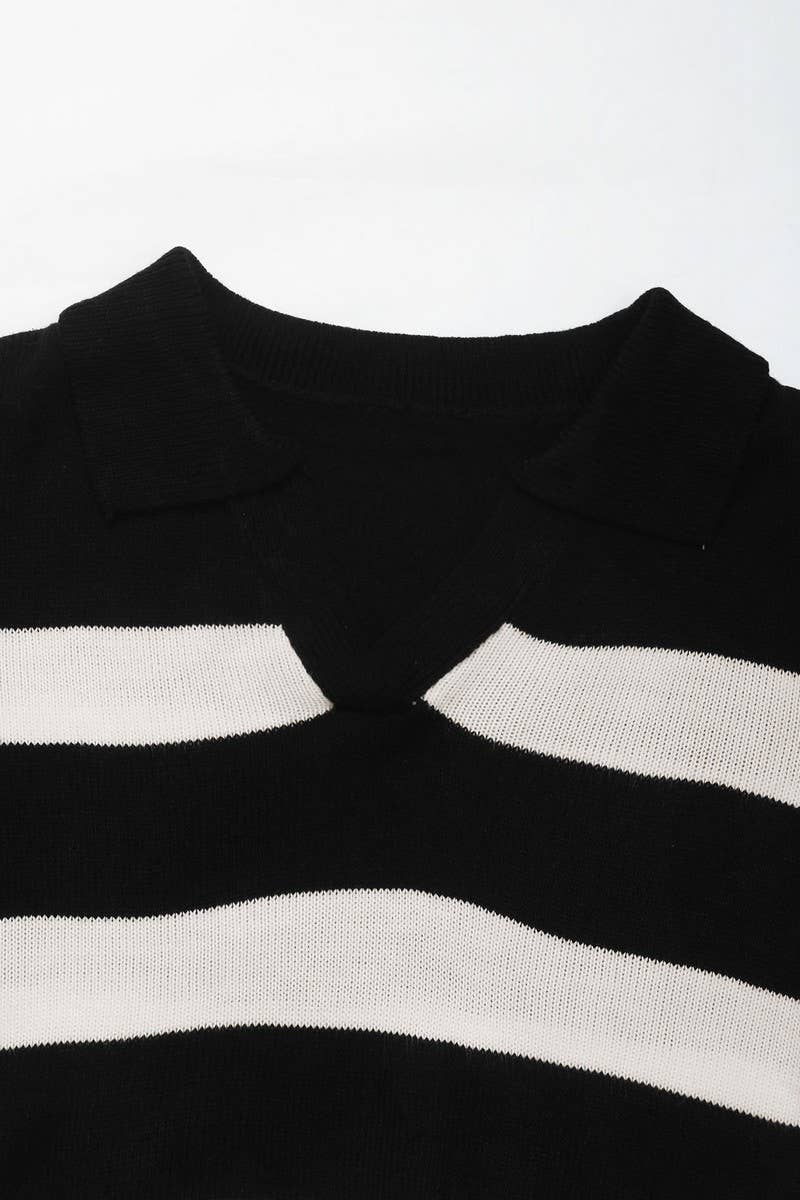 CWOSWL2785_LOOSE BLACK AND WHITE STRIPED LAPEL KNIT TOP