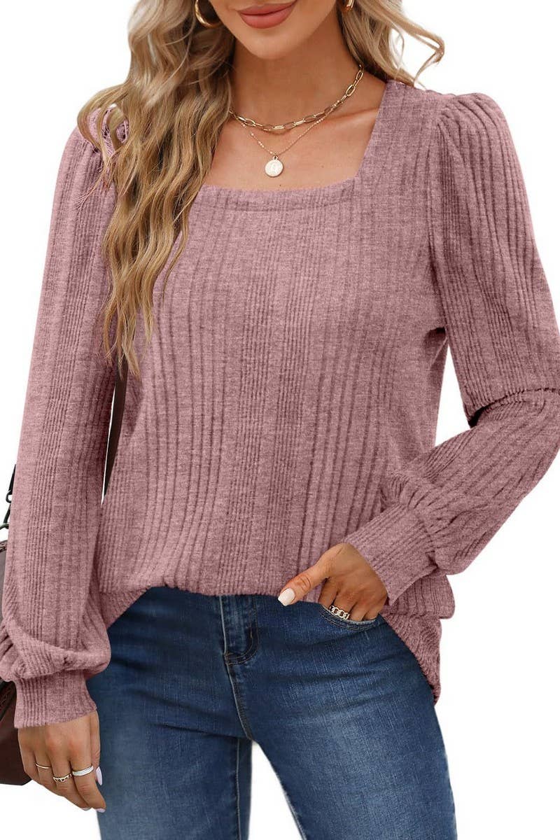 CWTBLL3198_SQUARE NECK BRUSHED LANTERN SLEEVE TOP