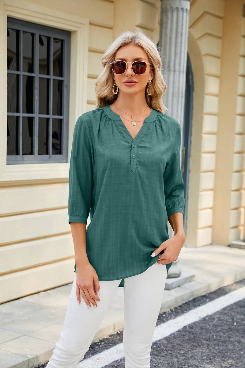 CWTTS0829_3/4 Sleeve V Neck Knit Top