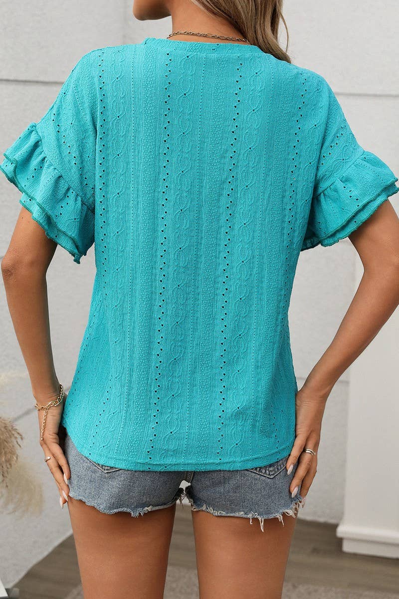 CWTBLS1719_ROUND NECK RUFFLE SLEEVE SHORT SLEEVE T-SHIRT TOP