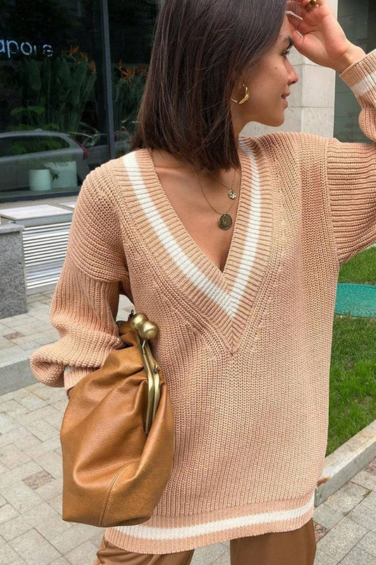 CWOSWL6274_V-NECK LOOSE LONGSLEEVED KNITTED PULLOVER SWEATER