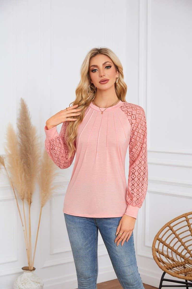 CWTBLL4096_LACE PANEL ROUND NECK PLEATED LONG SLEEVE TOP
