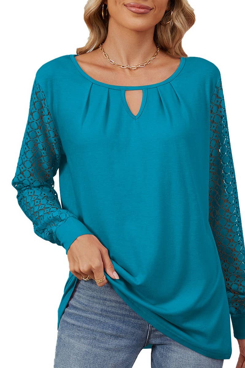 CWTBLL2366_SOLID COLOR LACE PATCHWORK LOOSE LONG-SLEEVED TOP