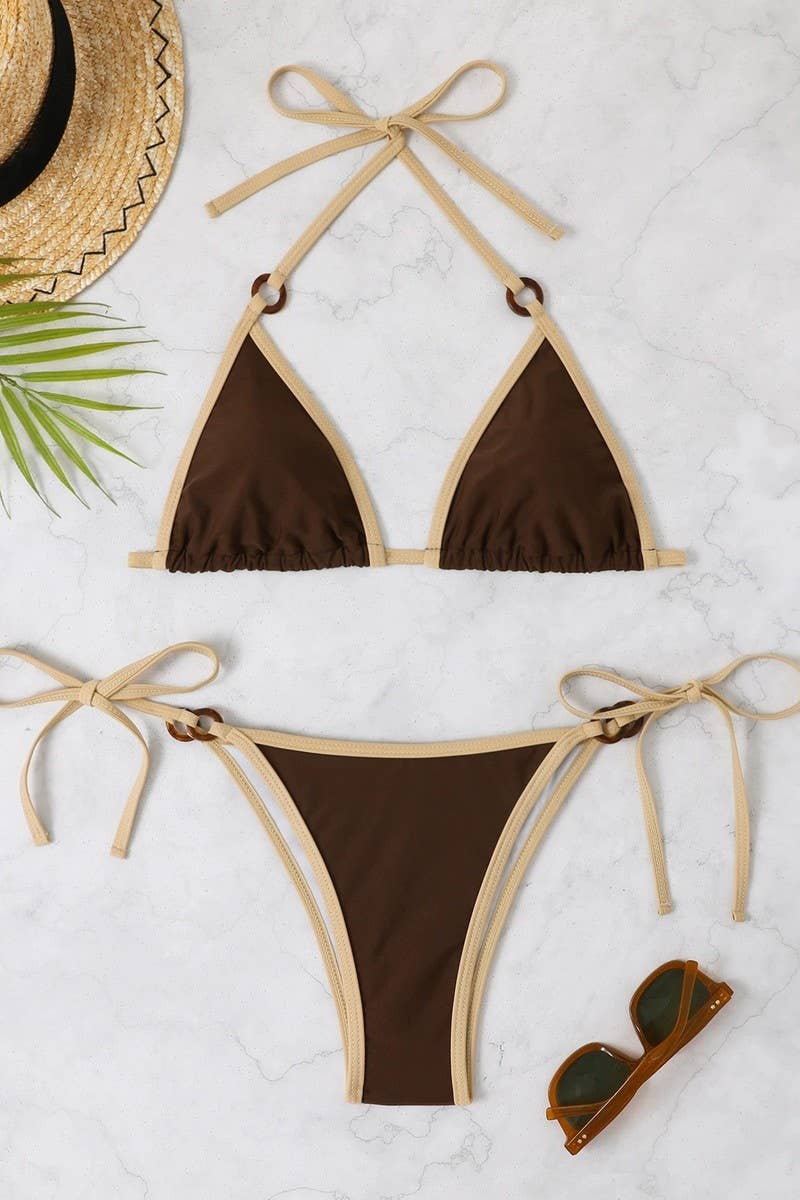 CWMW0896_SOLID COLOR HALTER NECK BIKINI SWIMSUIT