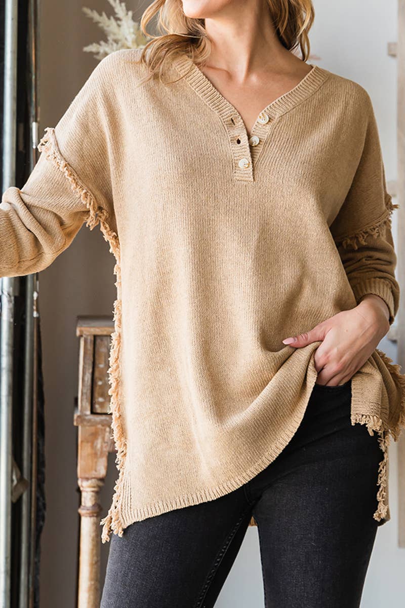 CWOSWL646-P_BUTTON DOWN FRINGE SHOULDER SWEATER KNIT TOP