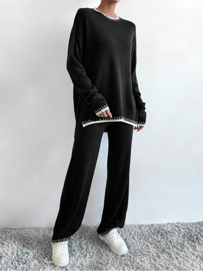 Contrast color sweater trousers two - piece set