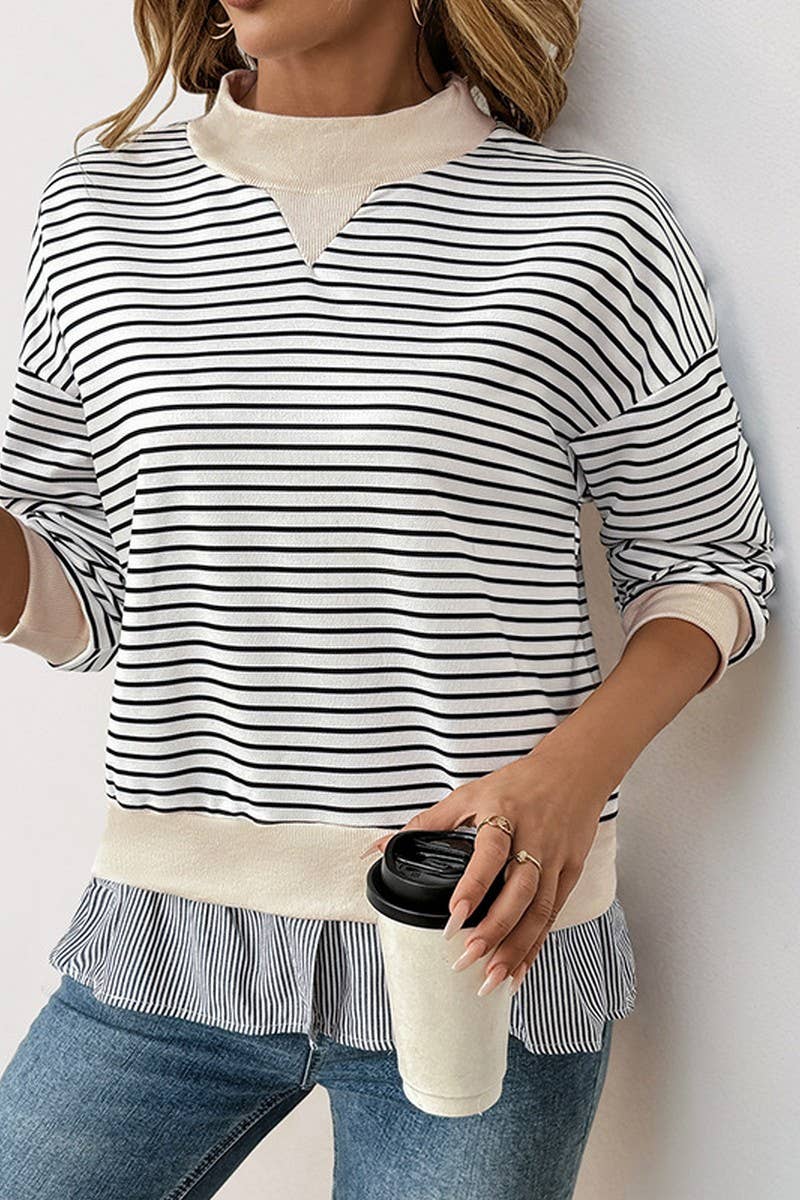 CWTBLL3741_ROUND NECK STRIPED PATCHWORK FAKE TWO-PIECE TOP