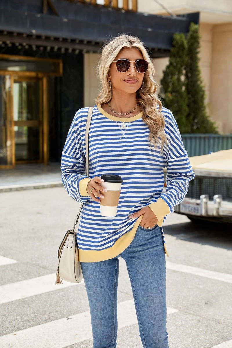 CWTBLL3746_CONTRAST COLOR SLIT LOOSE STRIPED SWEATSHIRT