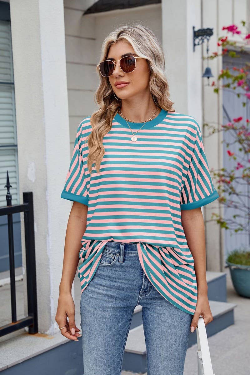 CWTTS1299_LOOSE STRIPED COLORBLOCK CREW NECK T-SHIRT TOP