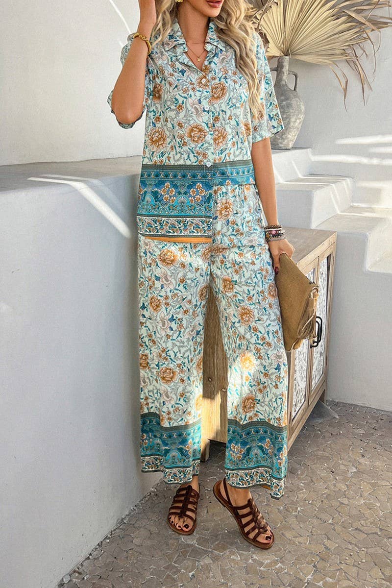 CWSS1190_CONTRAST COLOR PRINT SHORT SLEEVE LONG PANTS SUIT