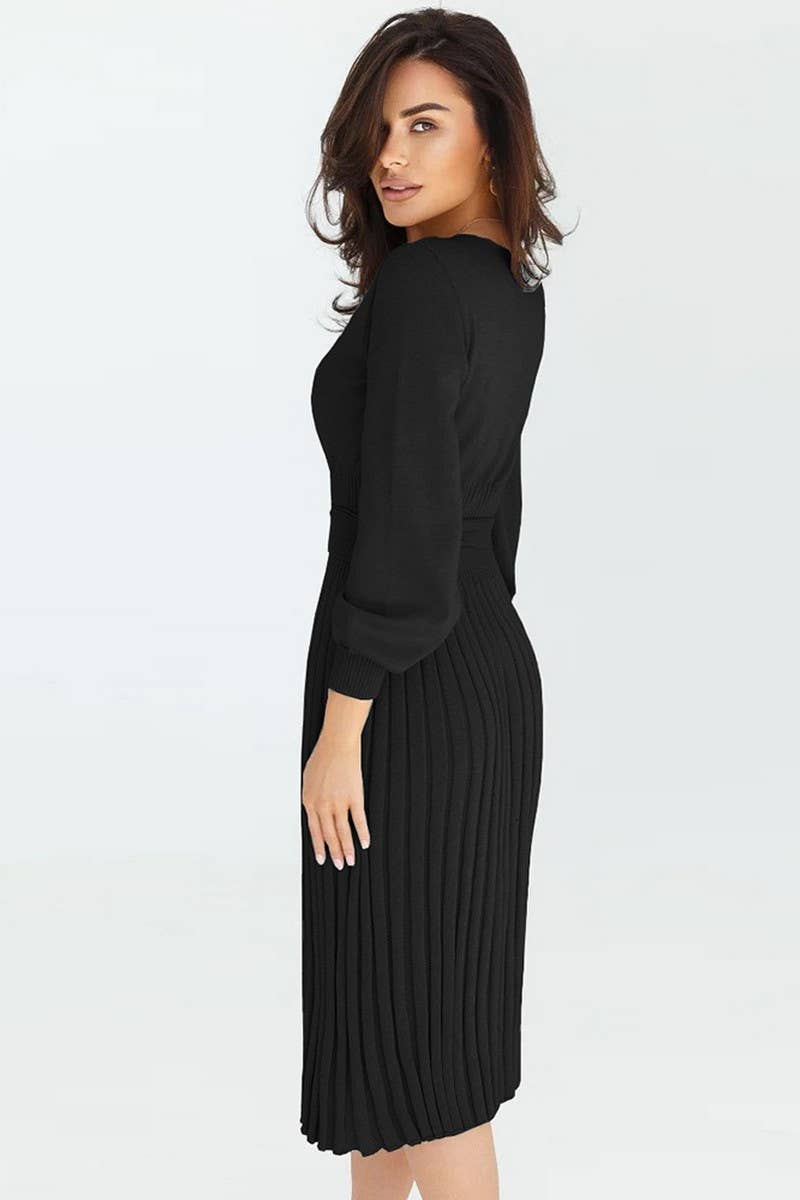 CWDMD4002_ROUND NECK TIE PLEATED MID-LENGTH KNITTED DRESS