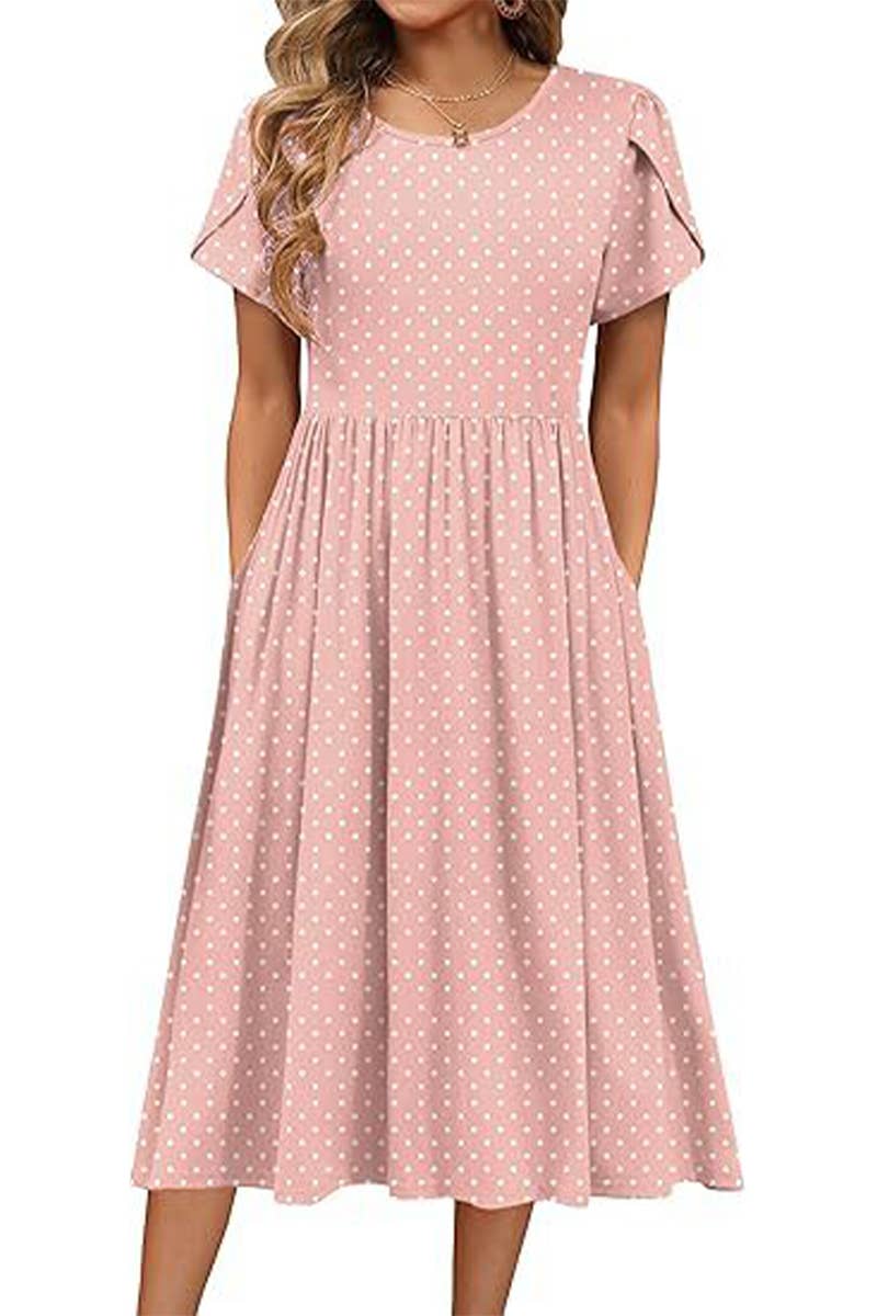 CWDMD6365_ROUND NECK PETAL SLEEVES MIDI PRINT DRESS