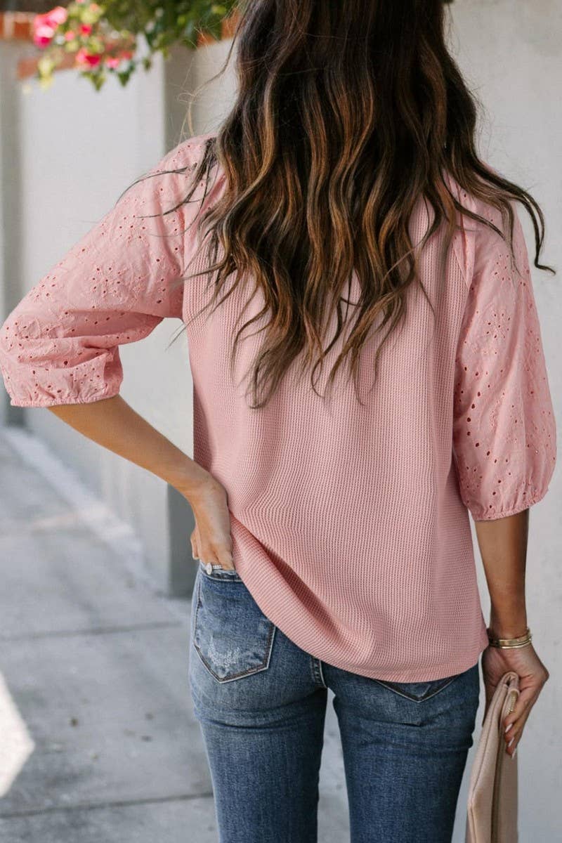 CWOHOS0021_SUMMER DRAWSTRING HOLLOW V-NECK SLEEVE T-SHIRT