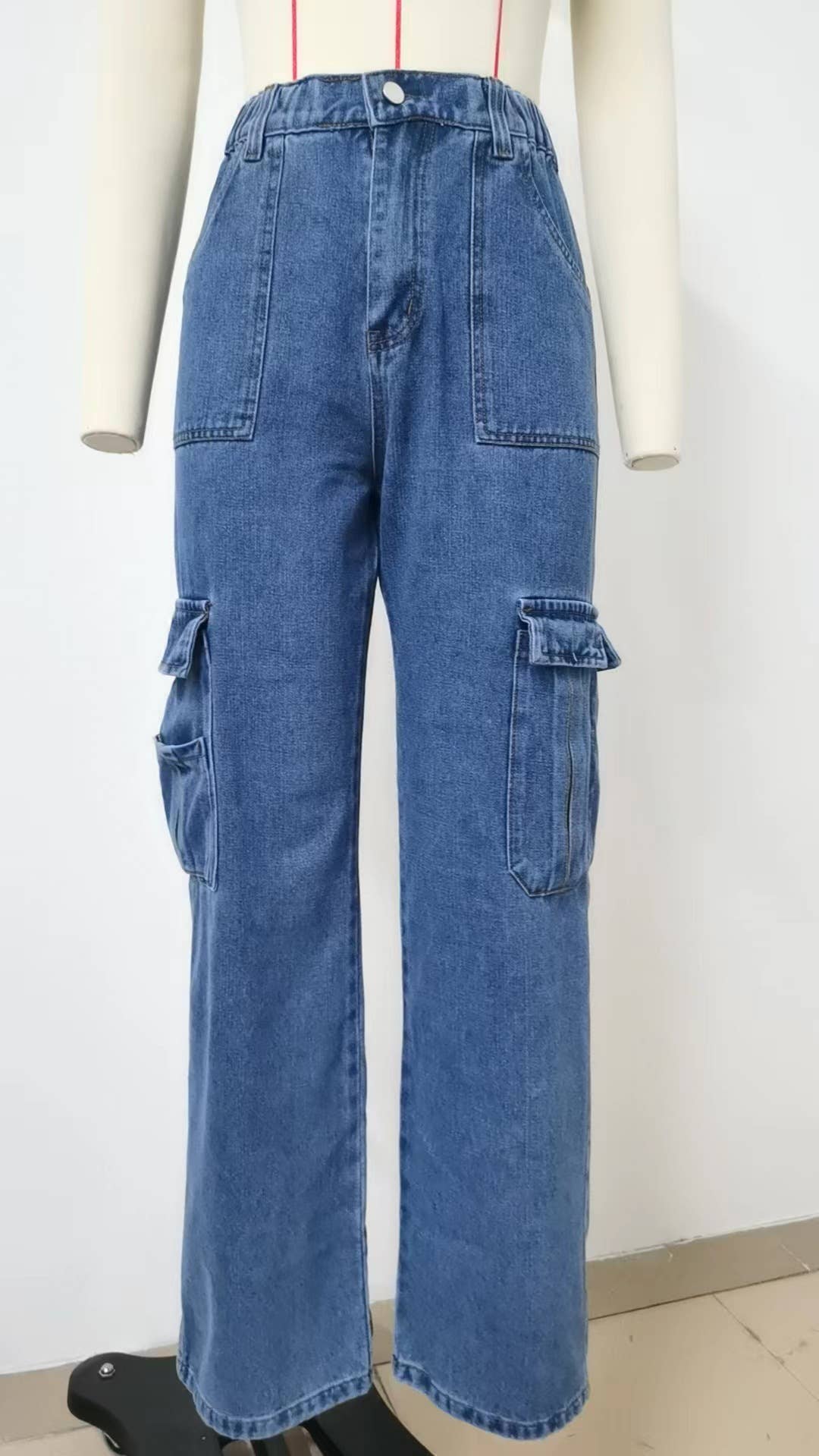 ELASTIC-WAISTED DENIM CASUAL CARGO PANTS