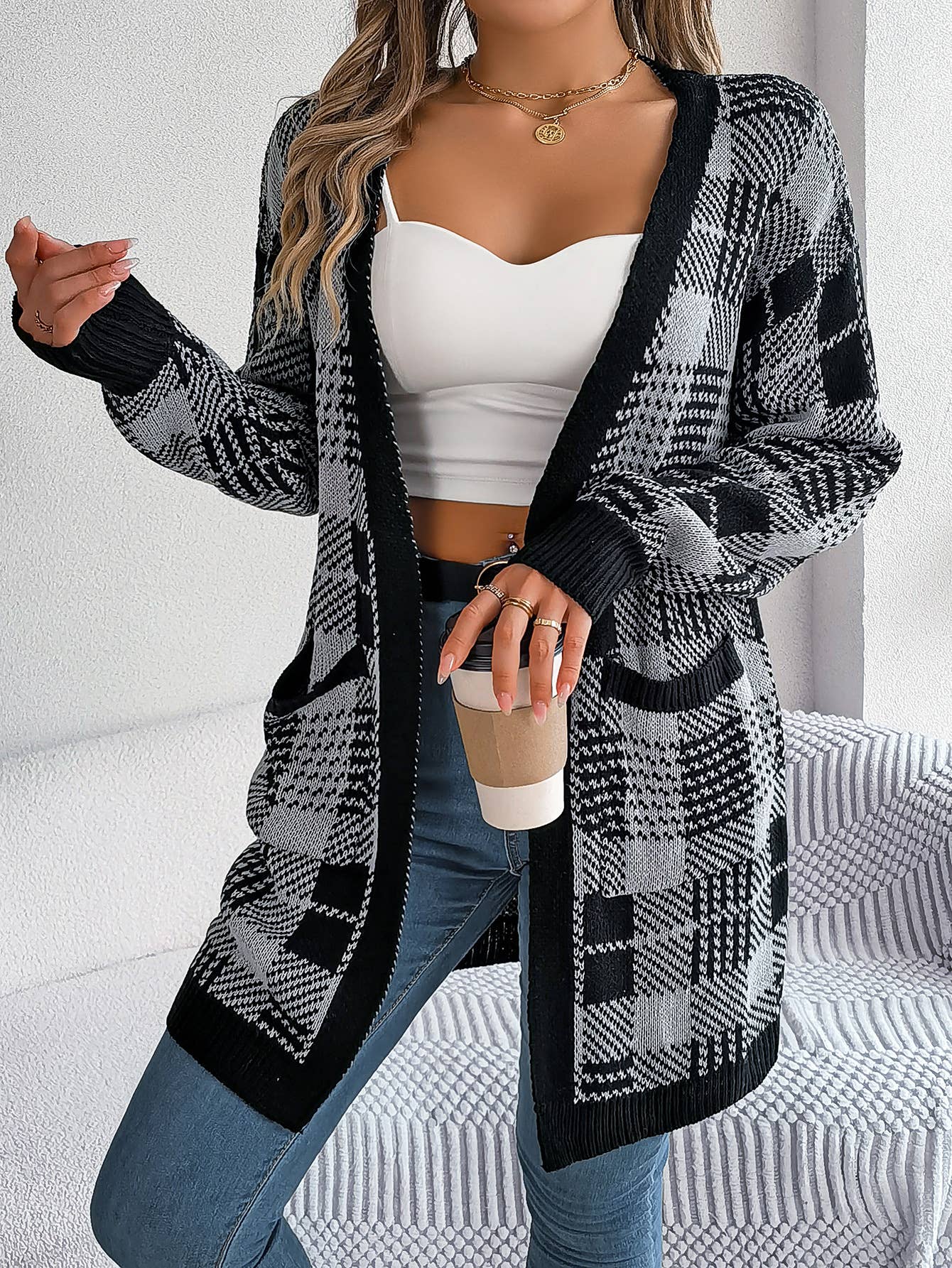 CASUAL COLOR CONTRAST PLAID POCKET CARDIGAN COAT