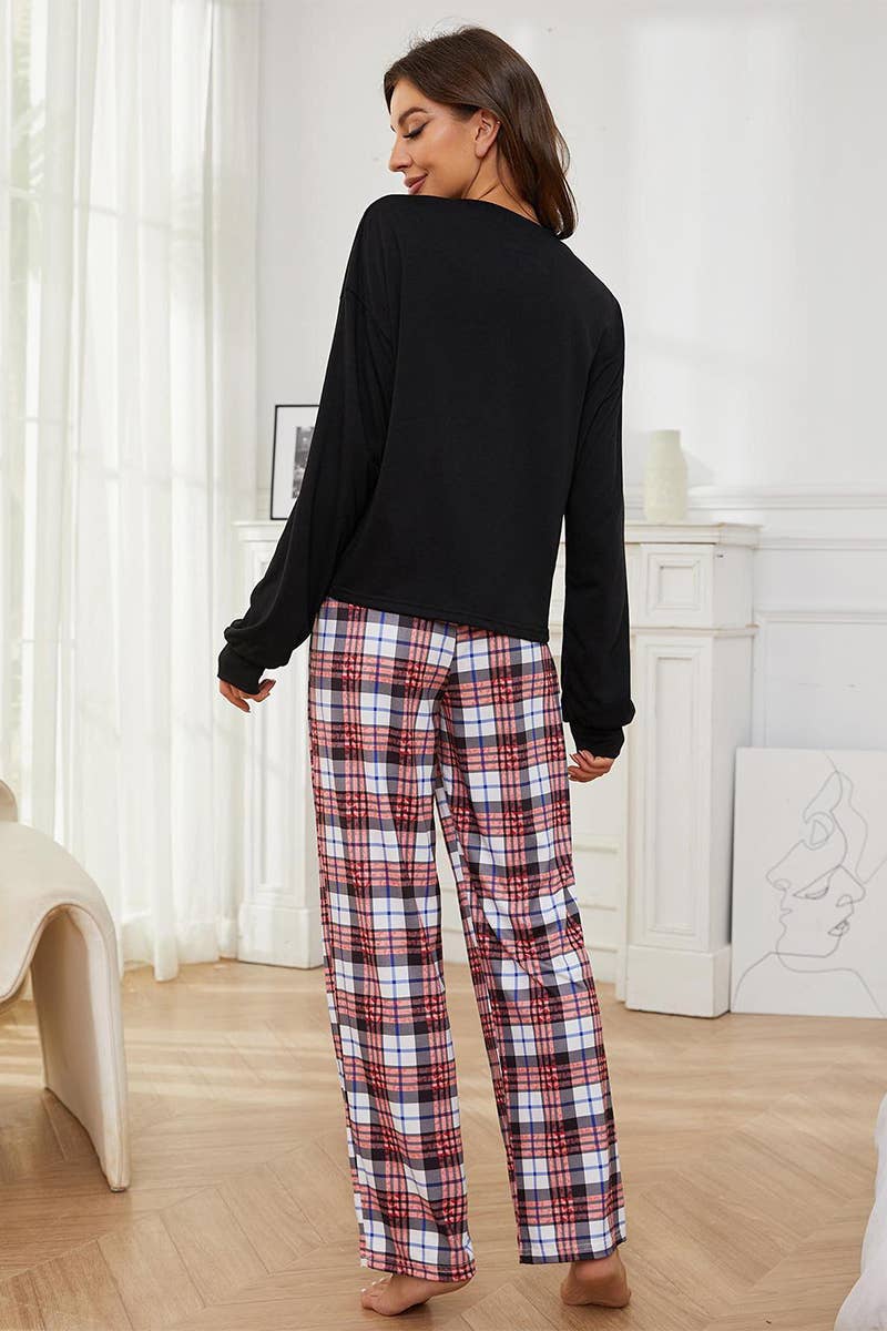 Checkered pants long-sleeved home wear set