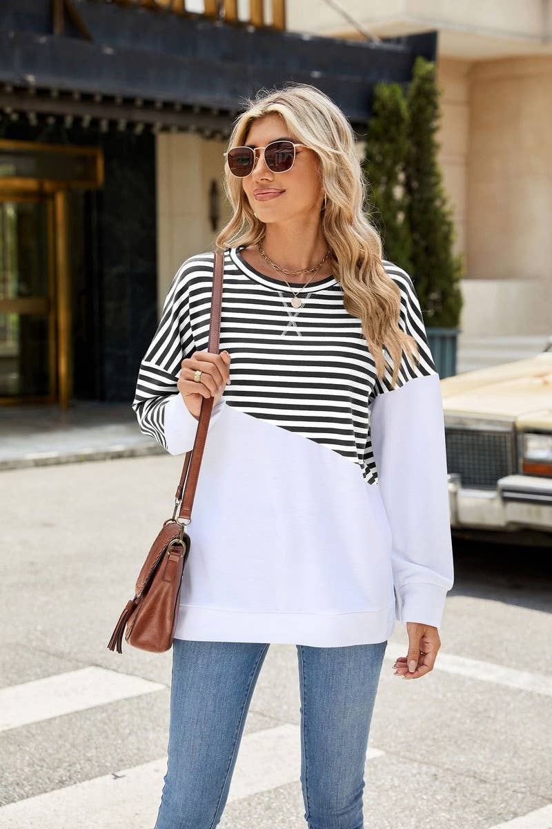 CWTBLL2368_ROUND NECK SLIT CONTRAST STRIPE SWEATSHIRT