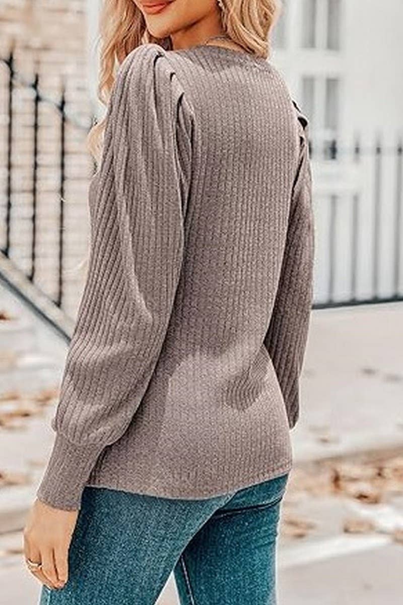 CWTBLL01073_V-NECK LONG-SLEEVED PUFF-SLEEVED TOP