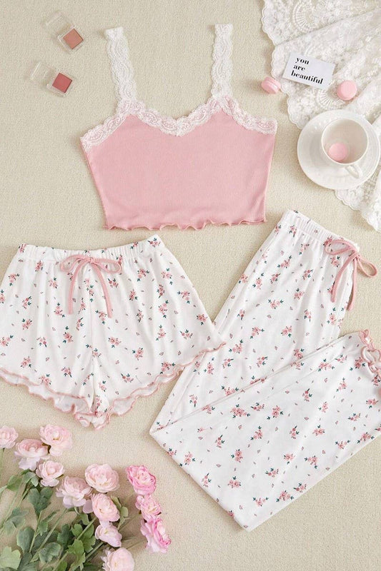 CWSPJ00480_LACE CAMI 3 PIECE SHORTS AND PANTS SET