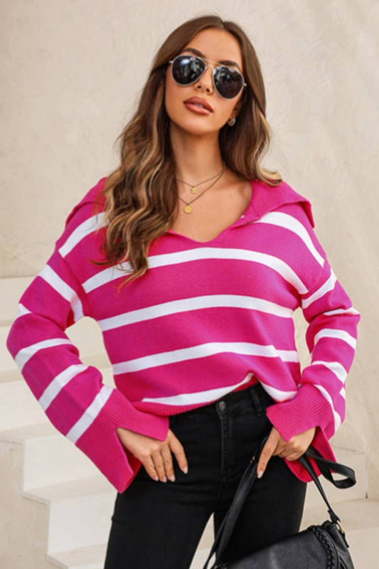 CWOSWL6686_LOOSE V-NECK STRIPED LONG-SLEEVED KNIT TOP