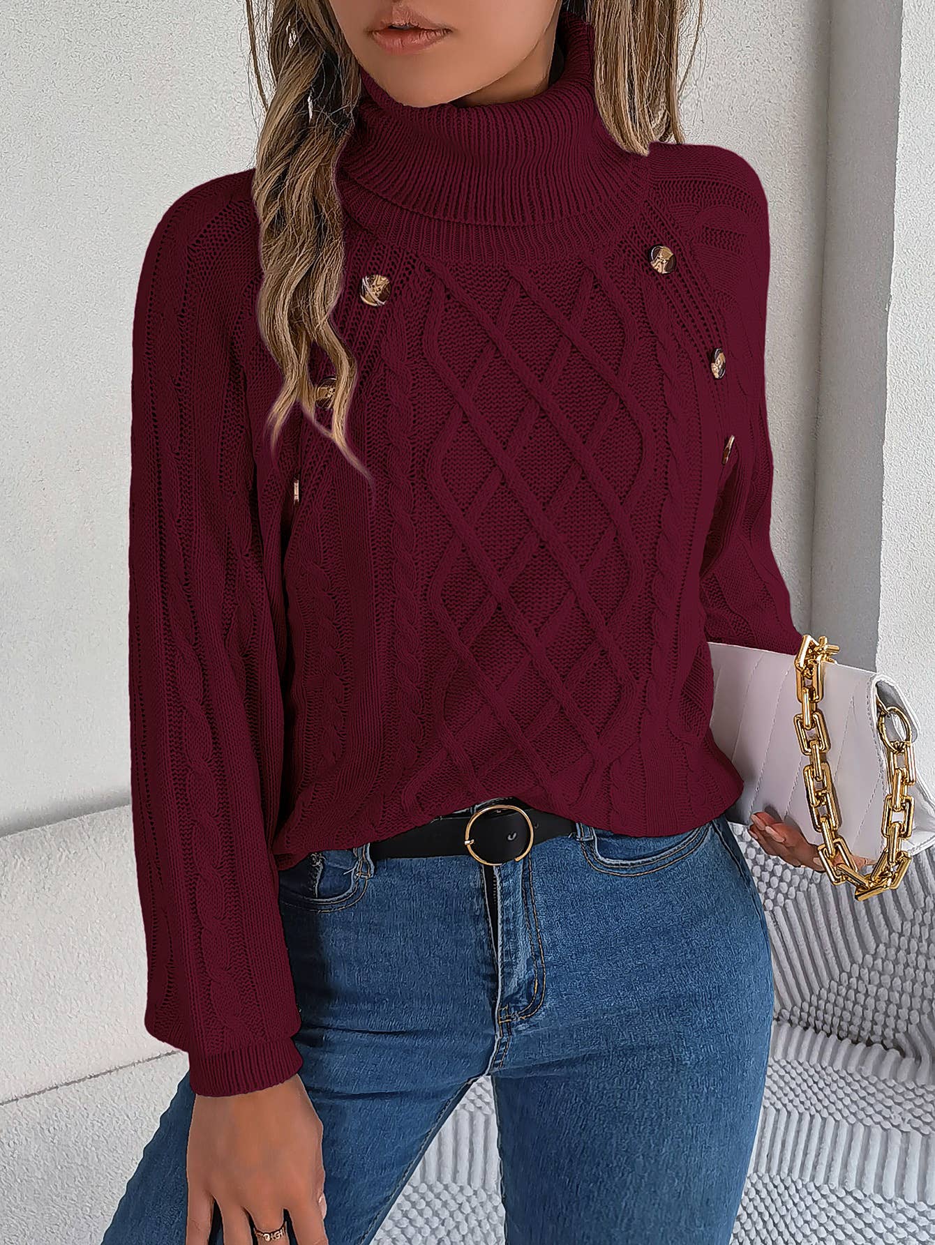CASUAL TWIST TURTLENECK LANTERN SLEEVE SWEATER
