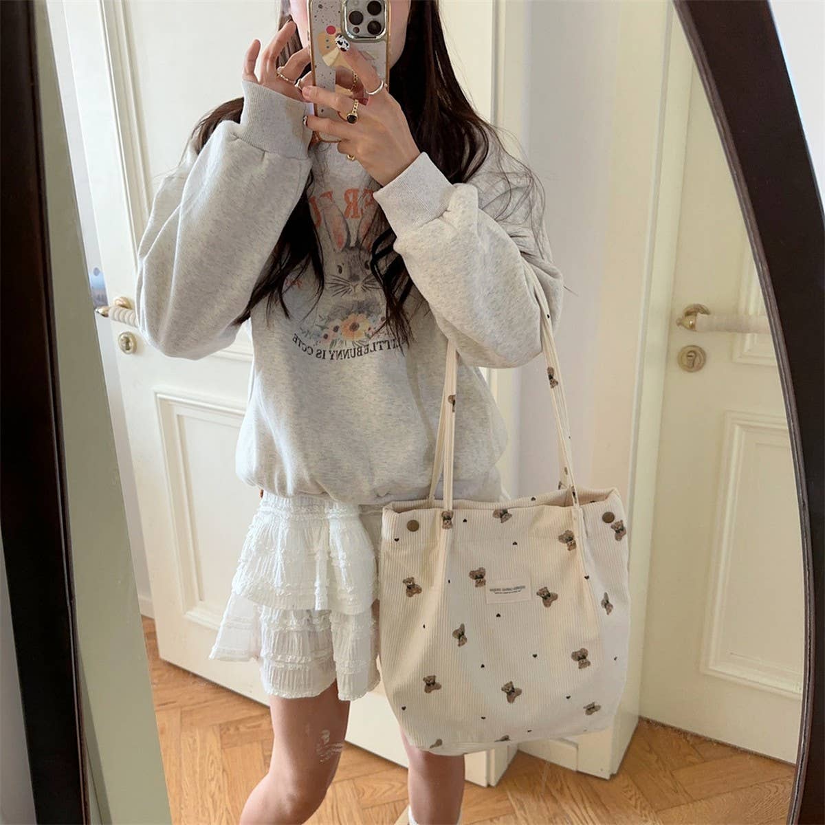 CWAB3901_CORDUROY BEAR PRINT SINGLE SHOULDER UNDERARM BAG