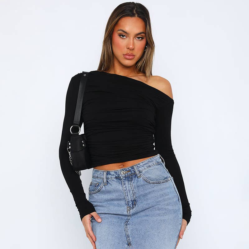 DIAGONAL SHOULDER ASYMMETRICAL SOLID COLOR TOP