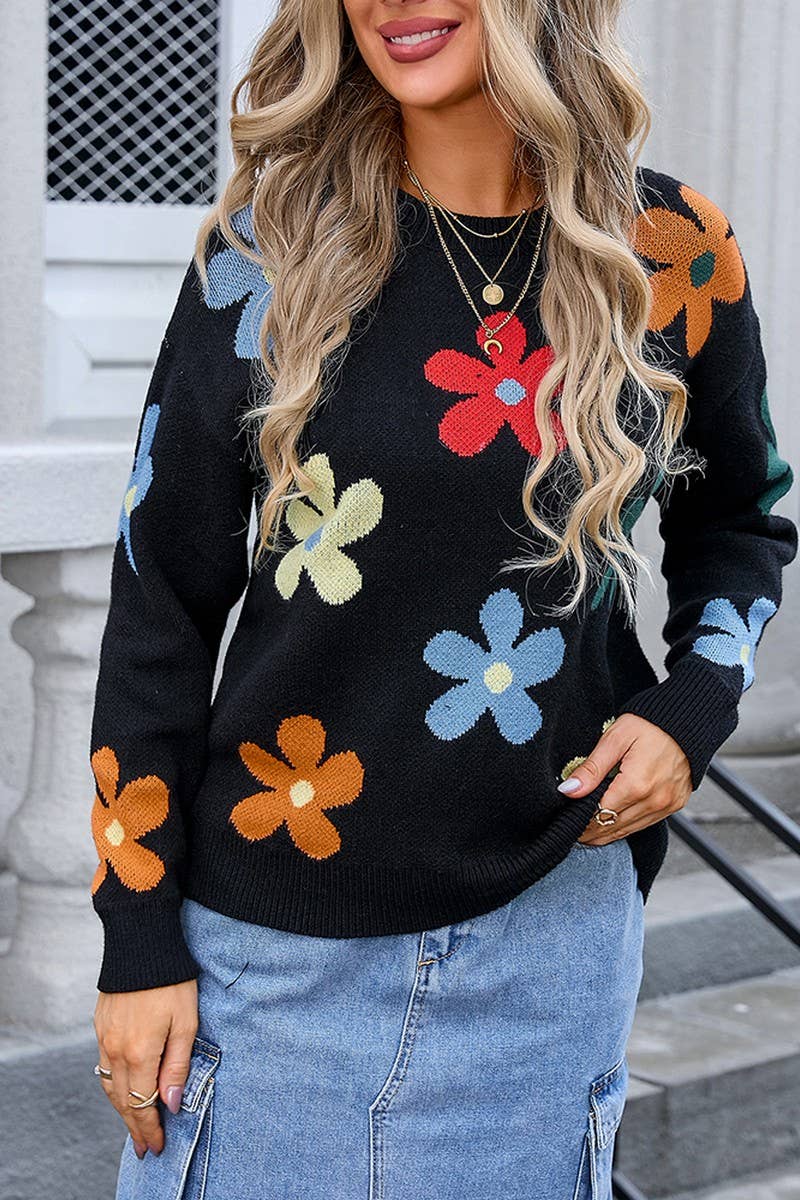 CWOSWL3103_CREW NECK FLORAL PULLOVER SWEATER