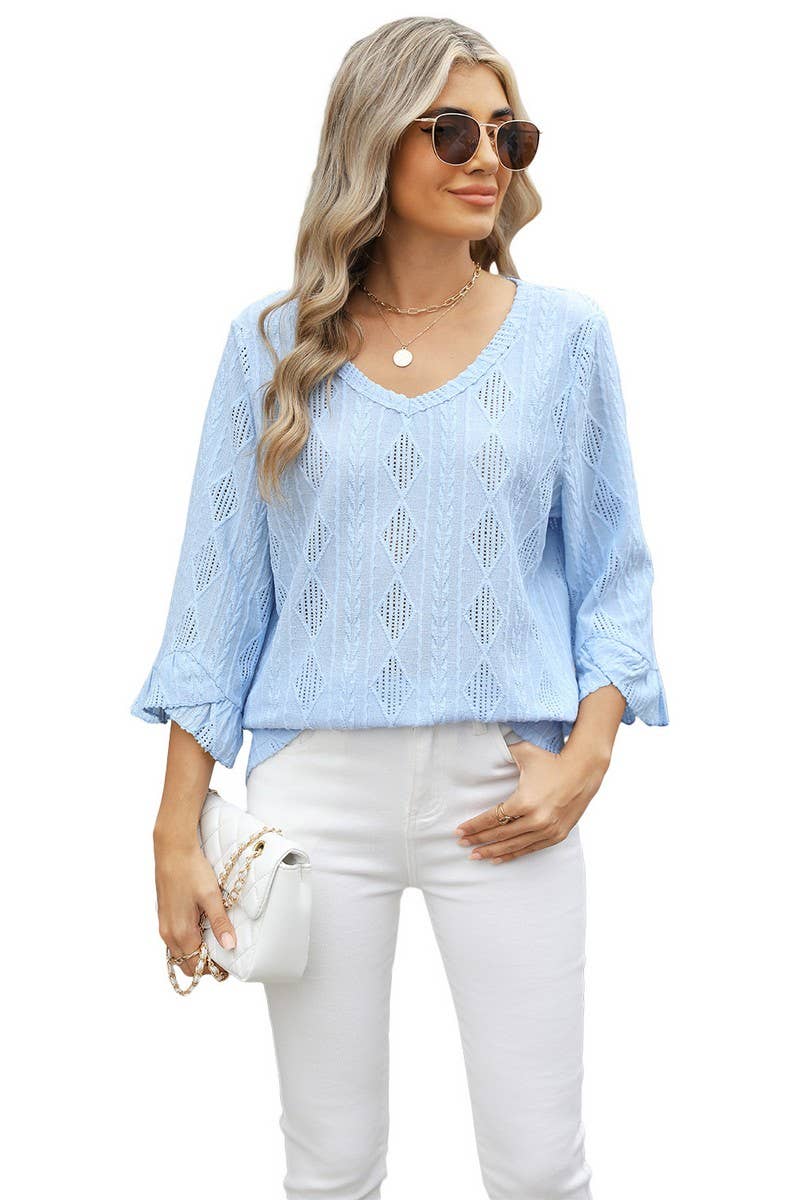 CWTBLL3672_V-NECK DIAMOND CHECK HOLLOW TRUMPET SLEEVE TOP