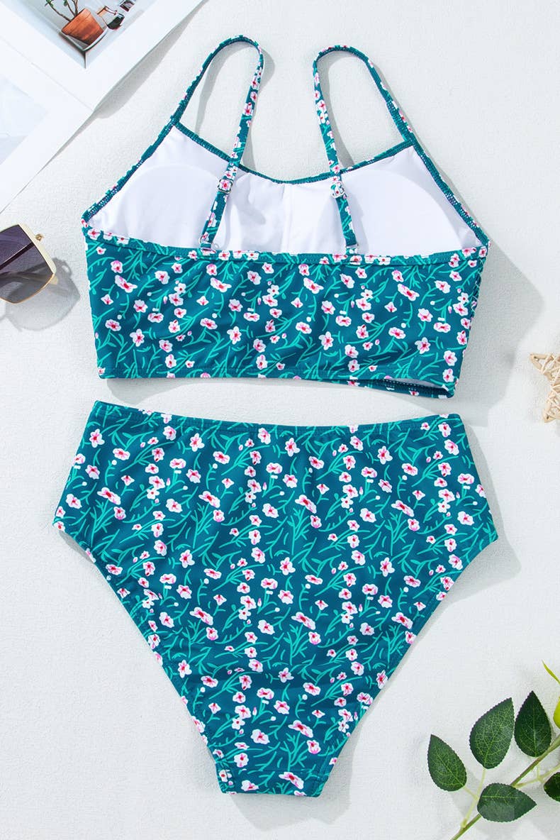 Fashion trend floral print high-waisted swimsuit
