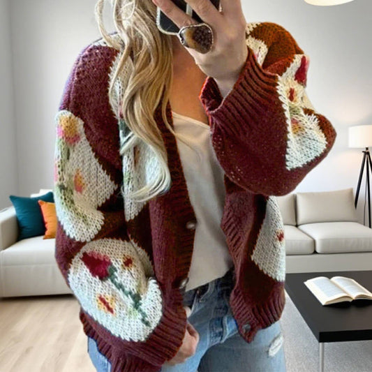 Color-blocking flower jacquard cardigan