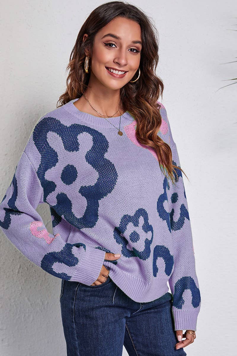CWOSWL6861_AUTUMN AND WINTER LOOSE FLOWER KNITTED SWEATER