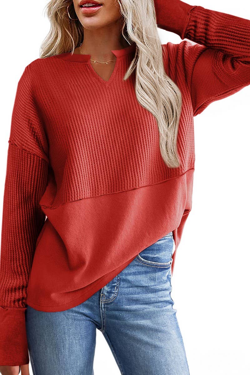 CWTBLL2422_SOLID COLOR PATCHWORK LONGSLEEVE LOOSE SWEATSHIRT