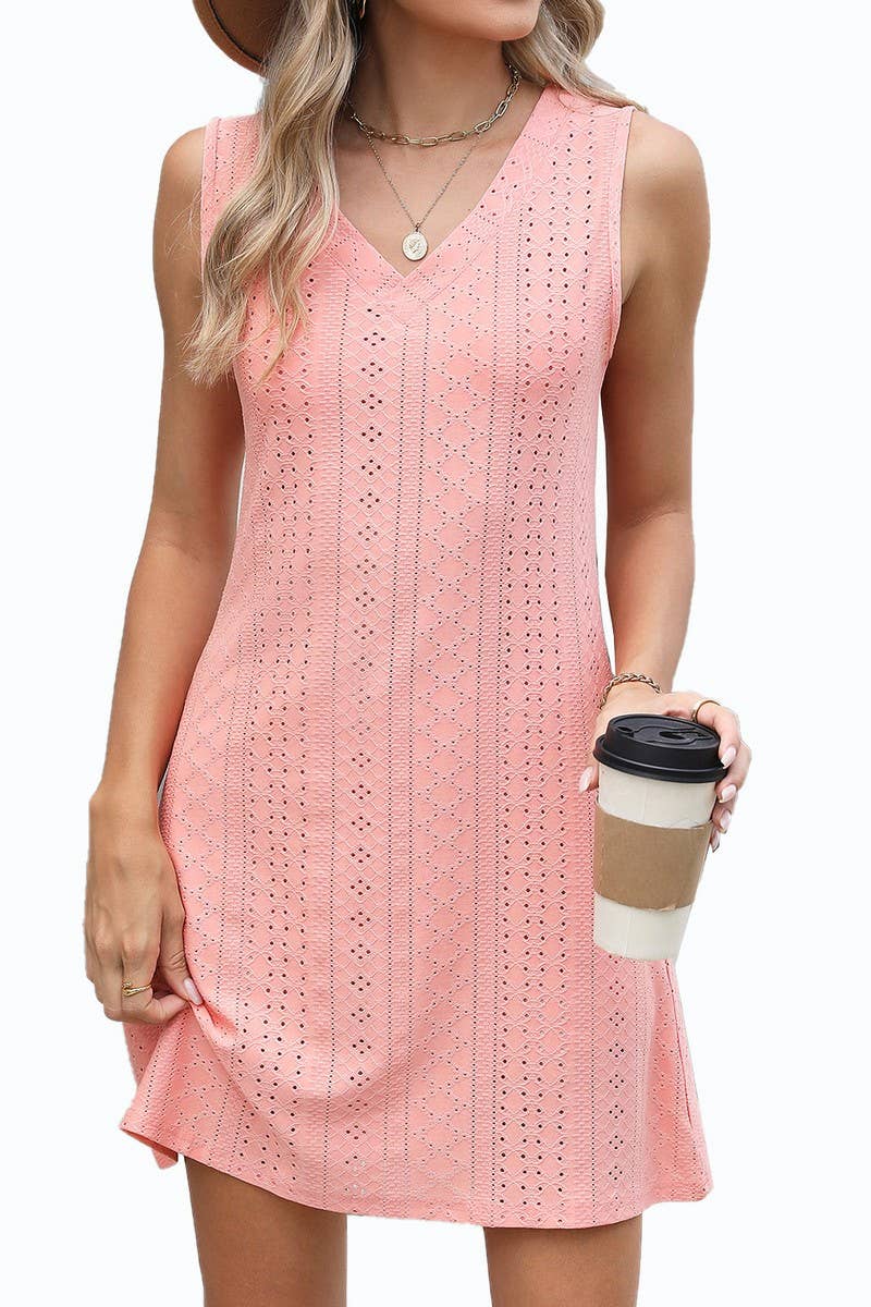 CWDSD8719_SOLID V-NECK SLEEVELESS CASUAL DRESS