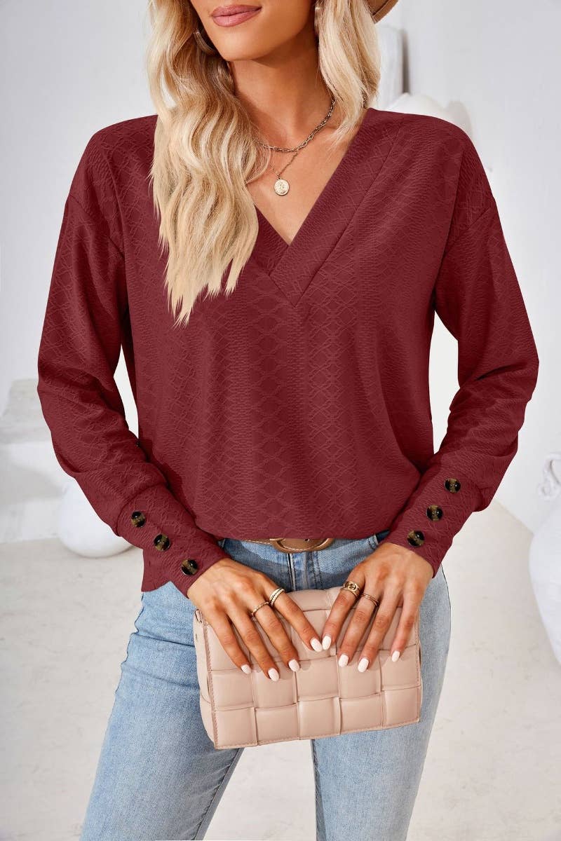 CWTBLL2806_SOLID COLOR V-NECK LONG SLEEVE BUTTON-UP TOP