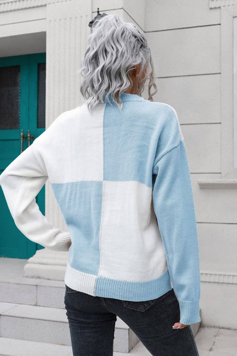 CWOSWL3892_CHECKERBOARD CREW NECK  KNIT PULLOVER SWEATER