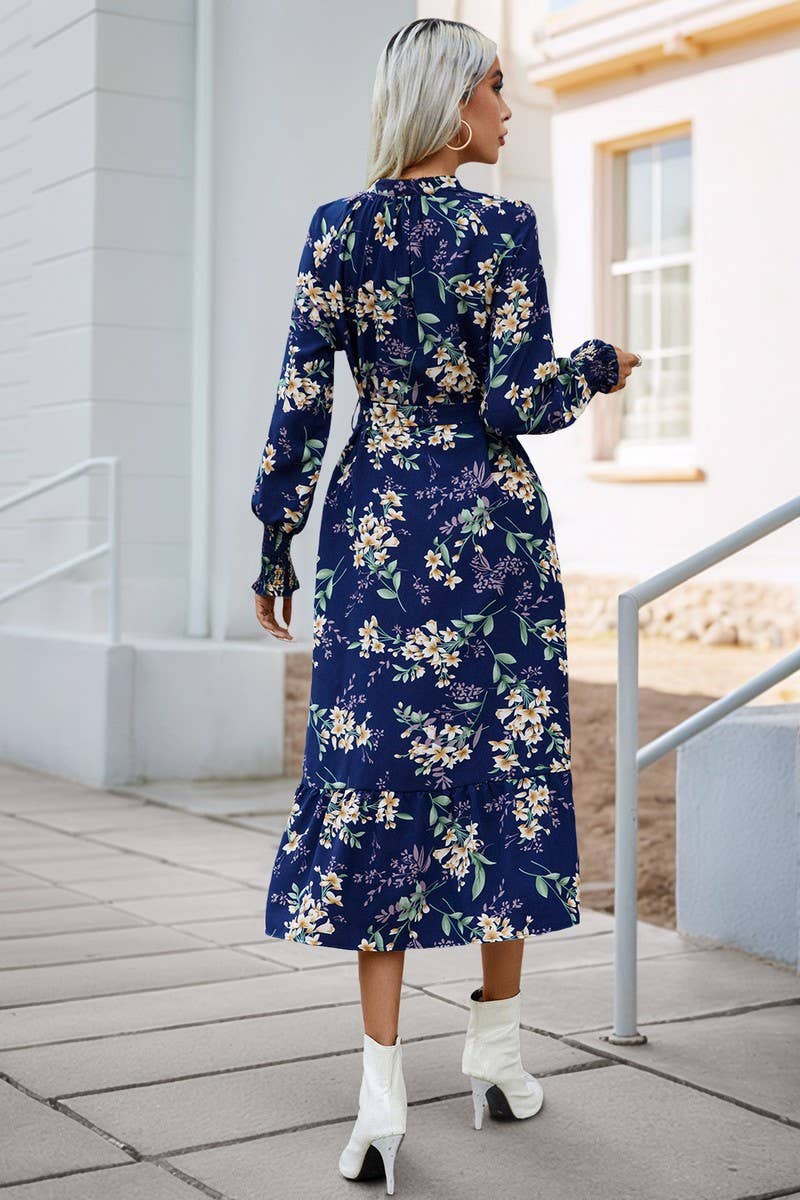 CWDMD01041_V-NECK LONG SLEEVE FLORAL PRINT DRESS