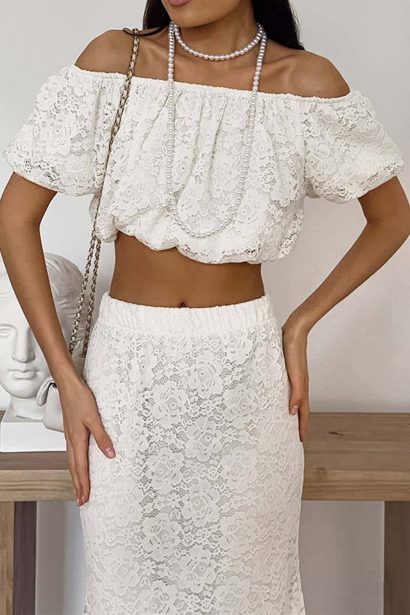 CWSTB345_OFF-THE-SHOULDER TOP AND SKIRT LACE SUIT