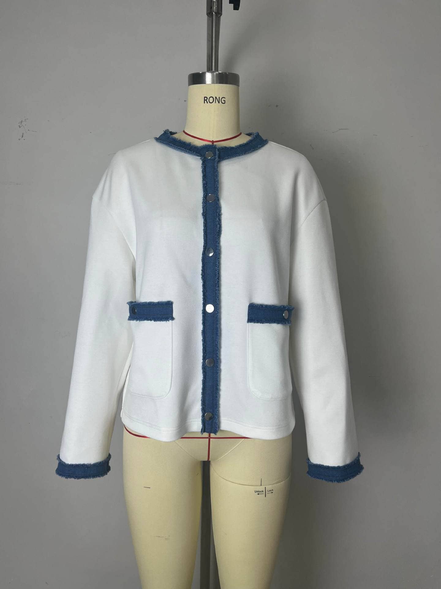 Denim color-blocking round-neck short coat