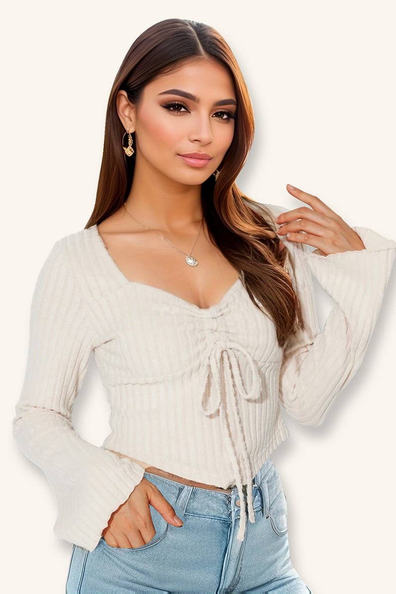 CWTBLL3790_V NECK DRAWSTRING FLARE SLEEVE CROP TOP