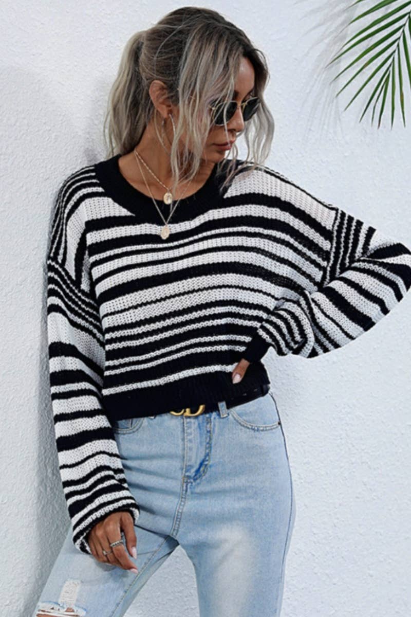 CWOSWL6575_FALL CREW-NECK STRIPED LONG-SLEEVED SWEATER