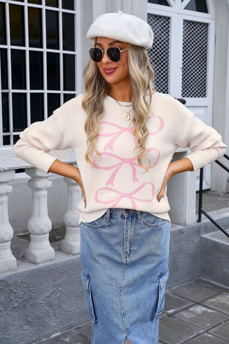 CWOSWL3117_BOW KNIT LONG SLEEVE PULLOVER SWEATER